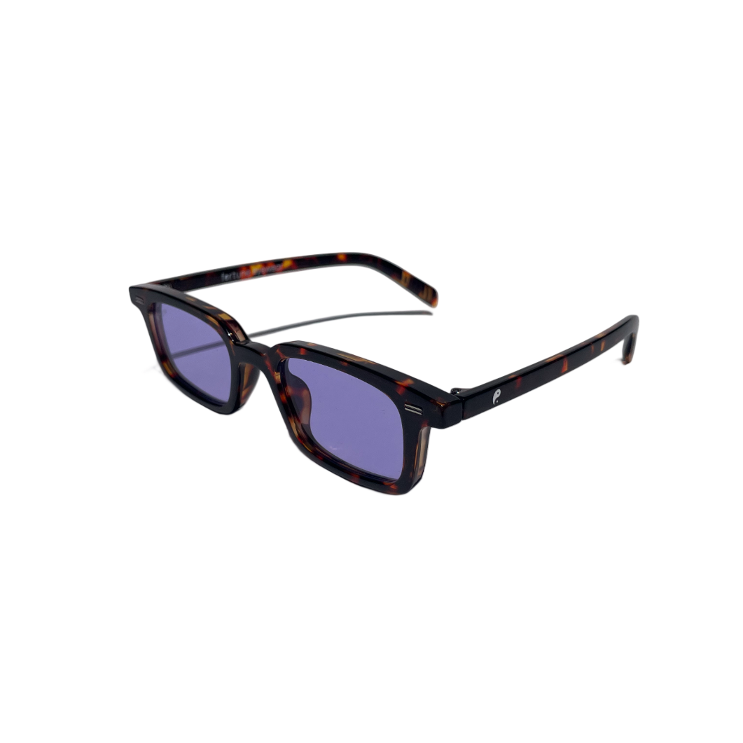 Sunglasses with a tortoiseshell frame and purple lenses on a white background