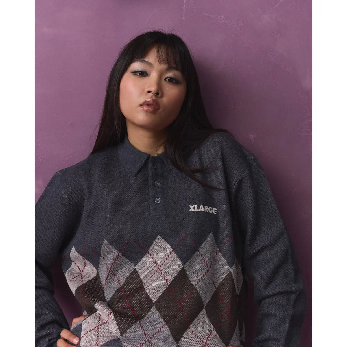 X-Large Argyle Knit Long Sleeve Polo