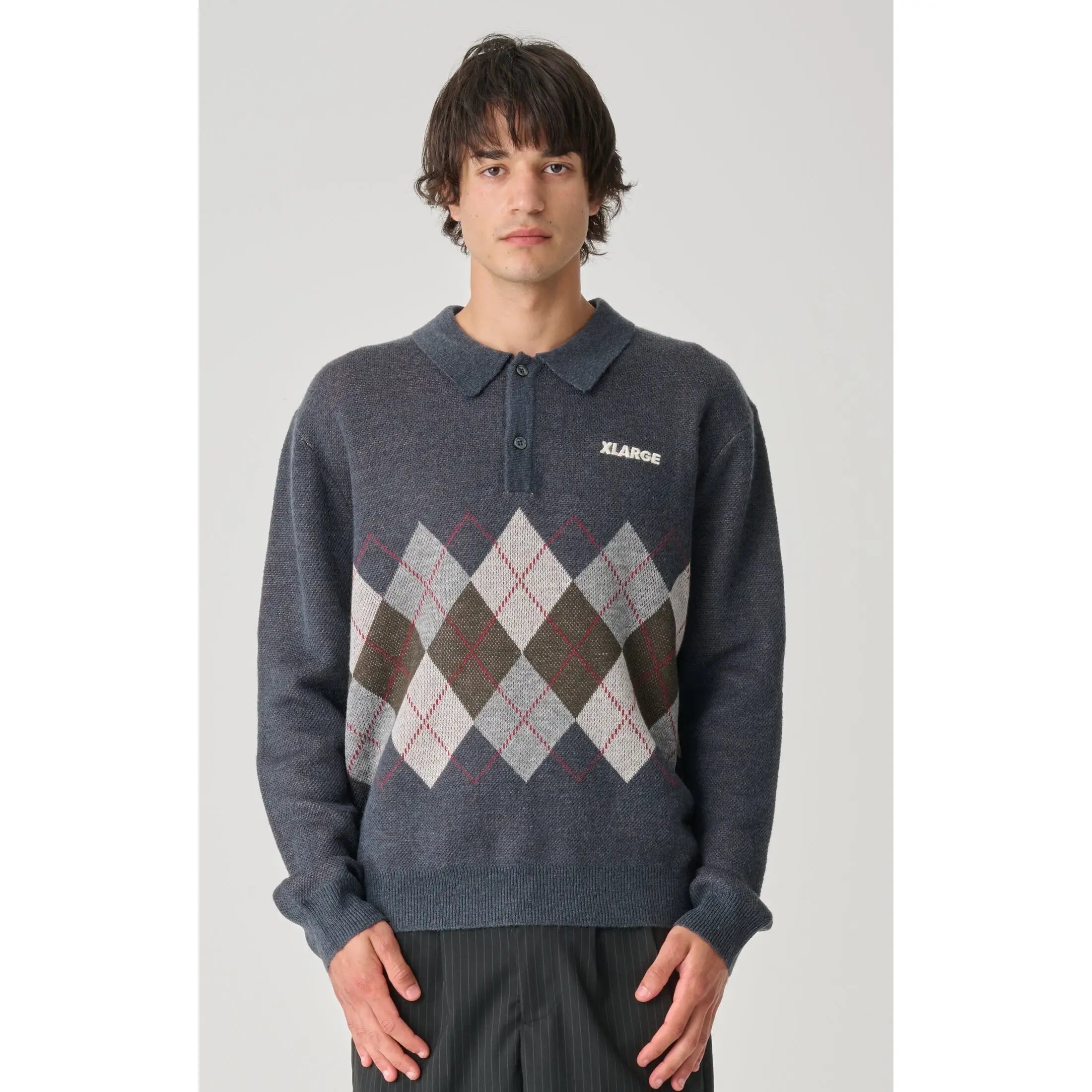 X-Large Argyle Knit Long Sleeve Polo