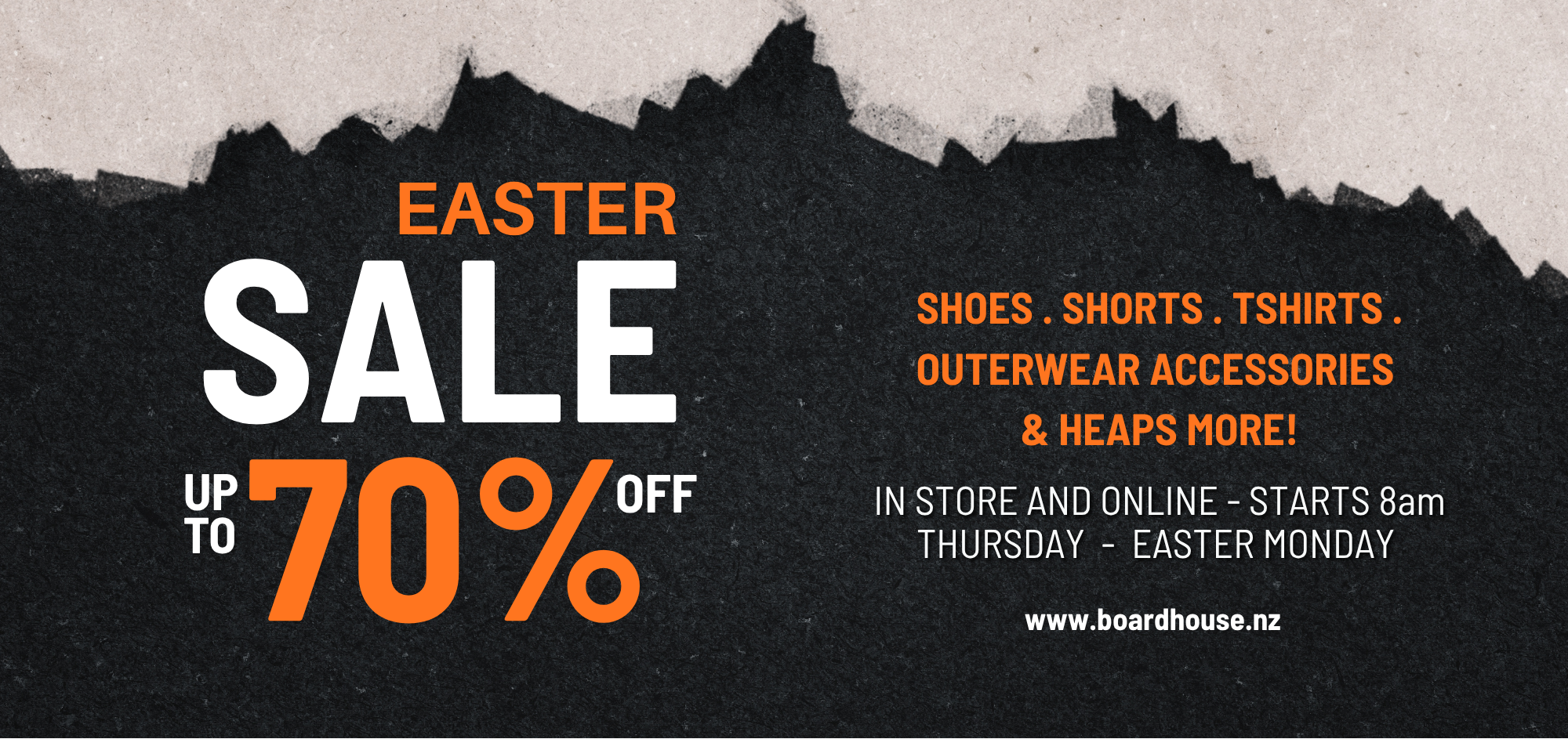 Boardhouse Easter sale advertisement with text and logo on a textured background