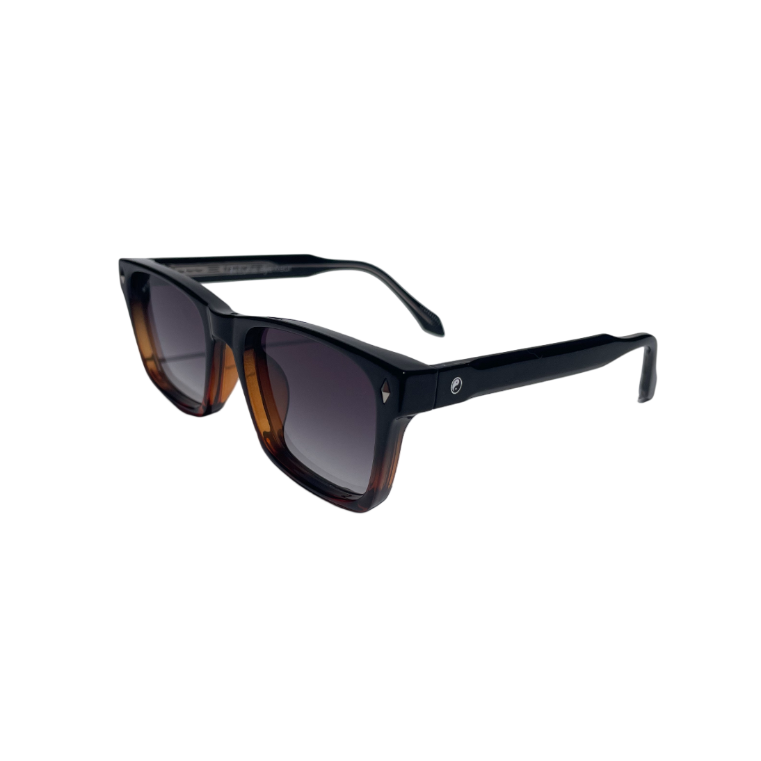 Sunglasses with a black frame and gradient lenses on a white background