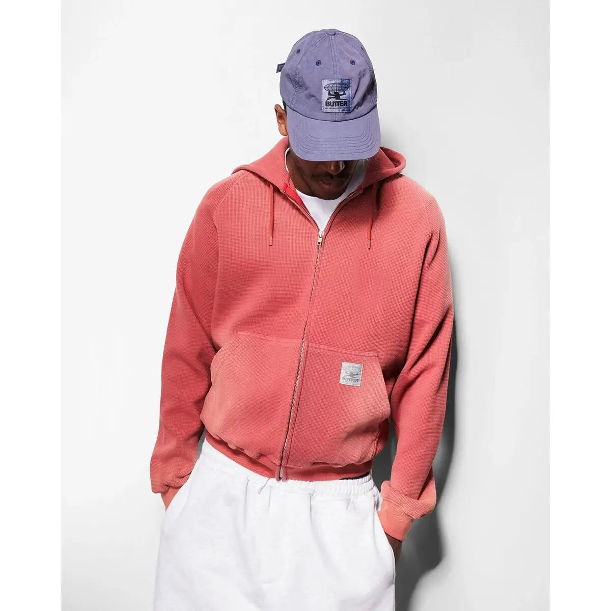 Butter Goods Faded Waffle Zip-Thru Hood - Washed Red