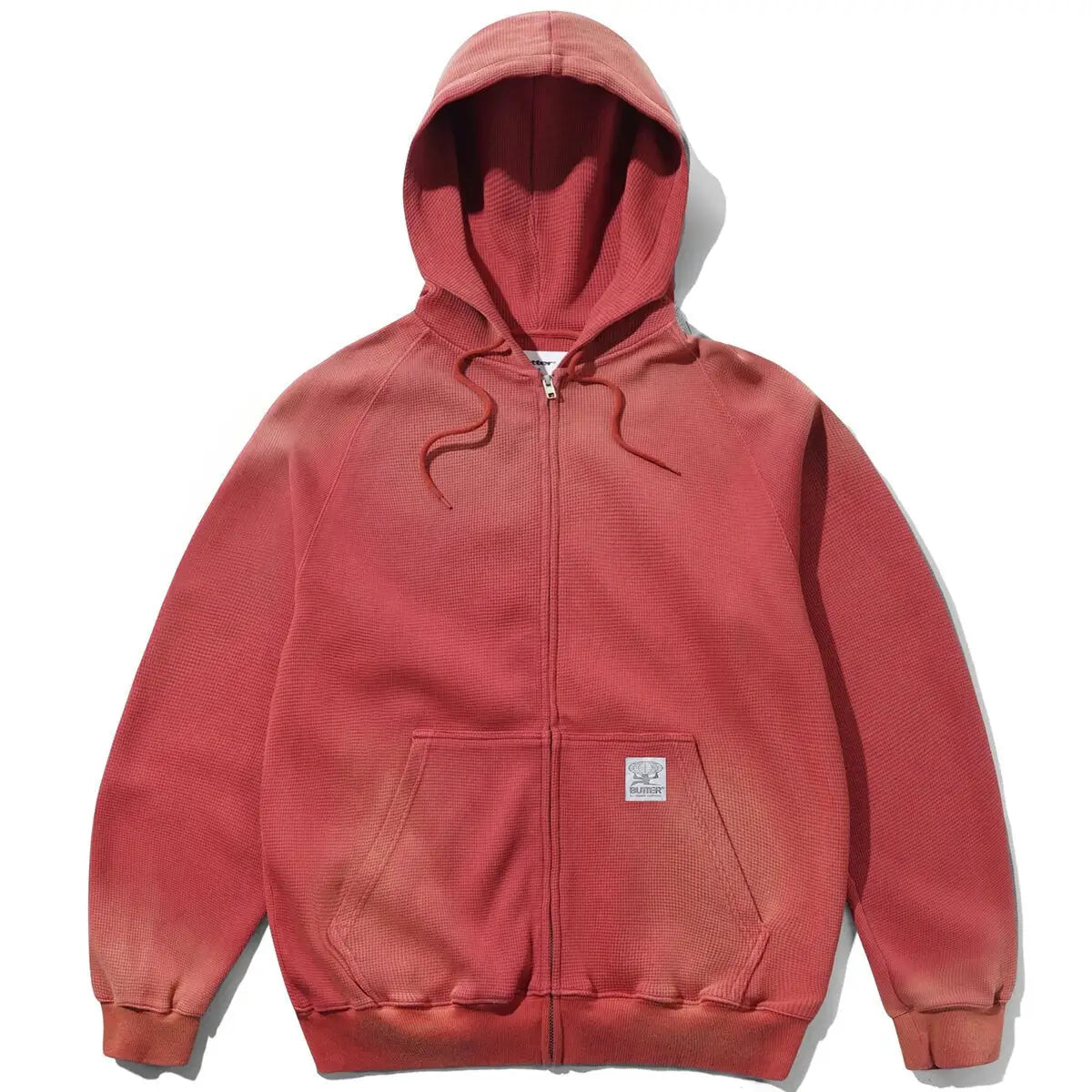 Butter Goods Faded Waffle Zip-Thru Hood - Washed Red