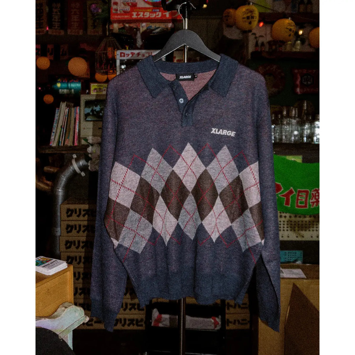 X-Large Argyle Knit Long Sleeve Polo