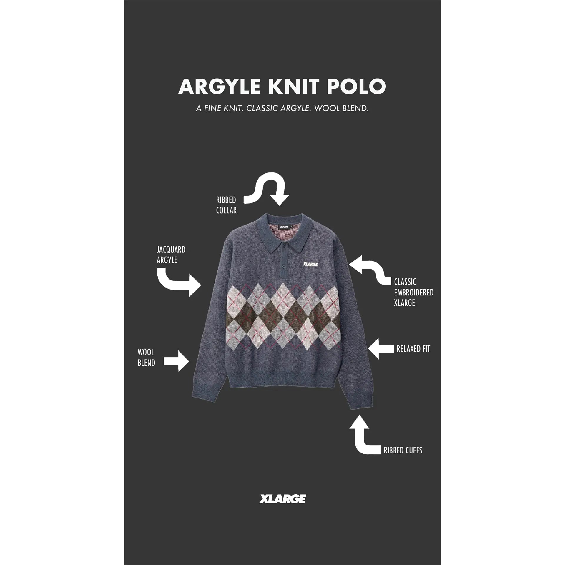 X-Large Argyle Knit Long Sleeve Polo